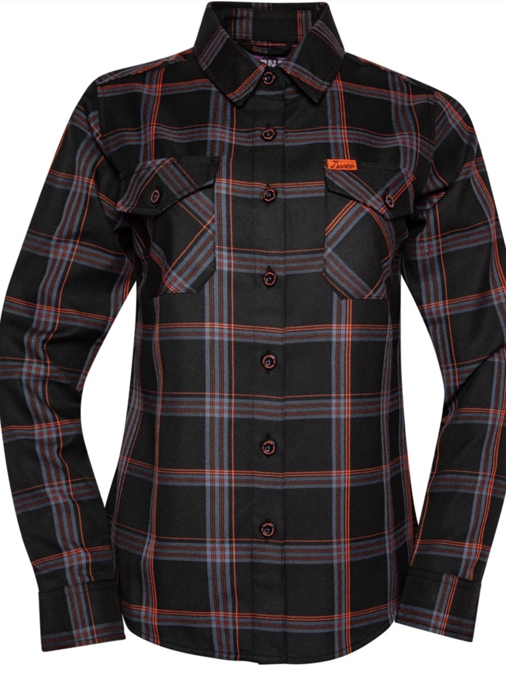 DIXXON Women's Black Plaid Button-Down Shirt with Orange Accent